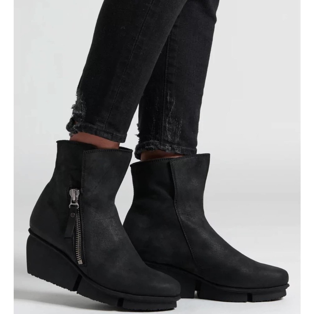 TRIPPEN Blaze Black Side-Zip Wedge Platform Leather Ankle Boots booties 40 EU